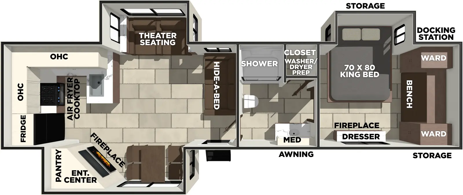 The LaCrosse 3411RK has one entry and three slide outs. Exterior features include: fiberglass exterior and 16' awning. Interiors features include: rear kitchen, free-standing dinette option, front bedroom and pass through bathroom.